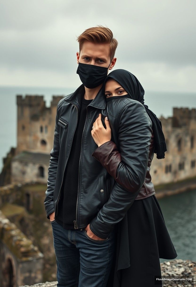 Jamie Dornan's head and body shot, handsome, youngest, black face mask, black leather jacket, jeans, dating, love with the biggest black hijab Muslim girl, not tall, beautiful eyes, face mask, maroon leather jacket, biggest black skirt, leaning on his shoulder, hyper-realistic, studio photography, full body photo, exploring at an abandoned castle, at sea, gloomy scenery.