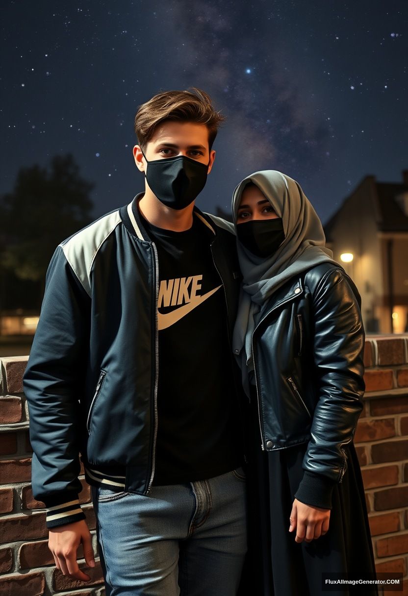 Jamie Dornan, the youngest, wearing a black face mask, a collage jacket, Nike t-shirt, jeans, tall man, fit body.

Dating, love with the biggest grey hijab Muslim girl, beautiful eyes, black face mask, leather jacket, the biggest, longest skirt, not a tall girl.

Standing at a brick wall, in town, night scenery, Milky Way, hyper-realistic, photorealistic, street photography. - Image