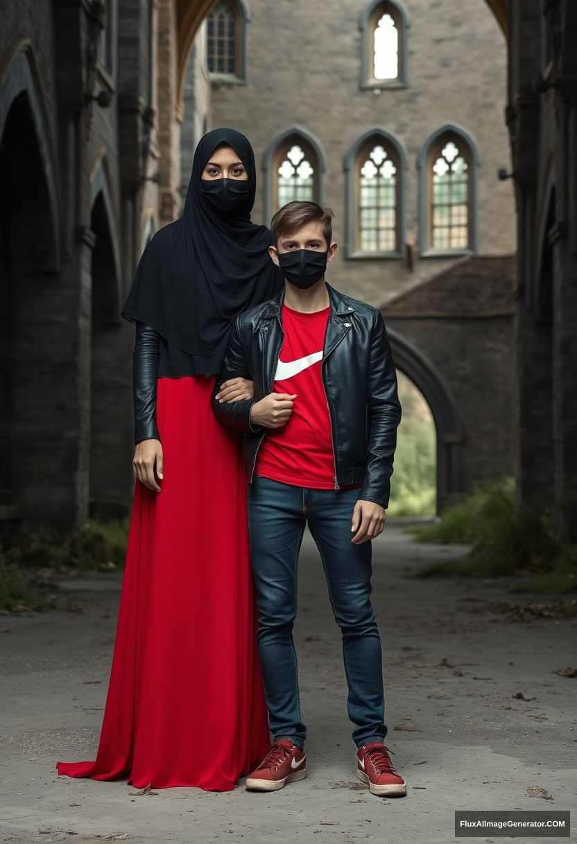 A biggest black hijab girl, beautiful eyes, face mask black, black leather jacket, biggest red longest dress, untall, standing hold his arm,

Jamie Dornan, handsome, youngest, face mask black, Nike red t-shirt, black leather jacket, jeans, red sneaker, tall,

Hyper realistic, photorealistic, studio photography, Victoria's abandoned castle.