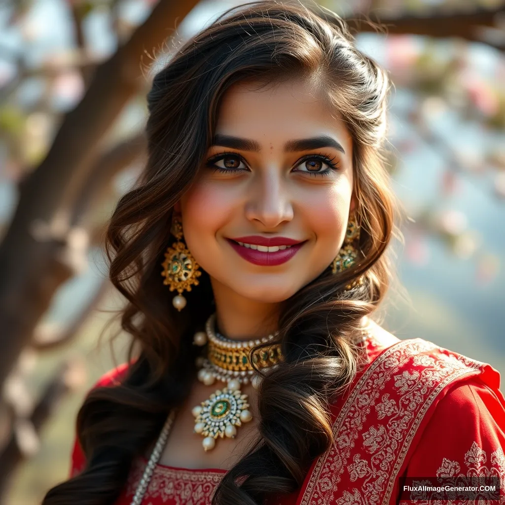 She is a white girl (no deformed body), face, fit, blushing, thick body, brunette hair, new imaginary hairstyles, face, outdoors at a beautiful natural place (Heaven), she is wearing a lehenga (full body, imaginary), face, cute poses, full body portrait, face, 15360x8640 taken by Phase One XF IQ4 150MP Camera (8k quality), super high quality photo, Movie Still, saturated bold colors, face. - Image