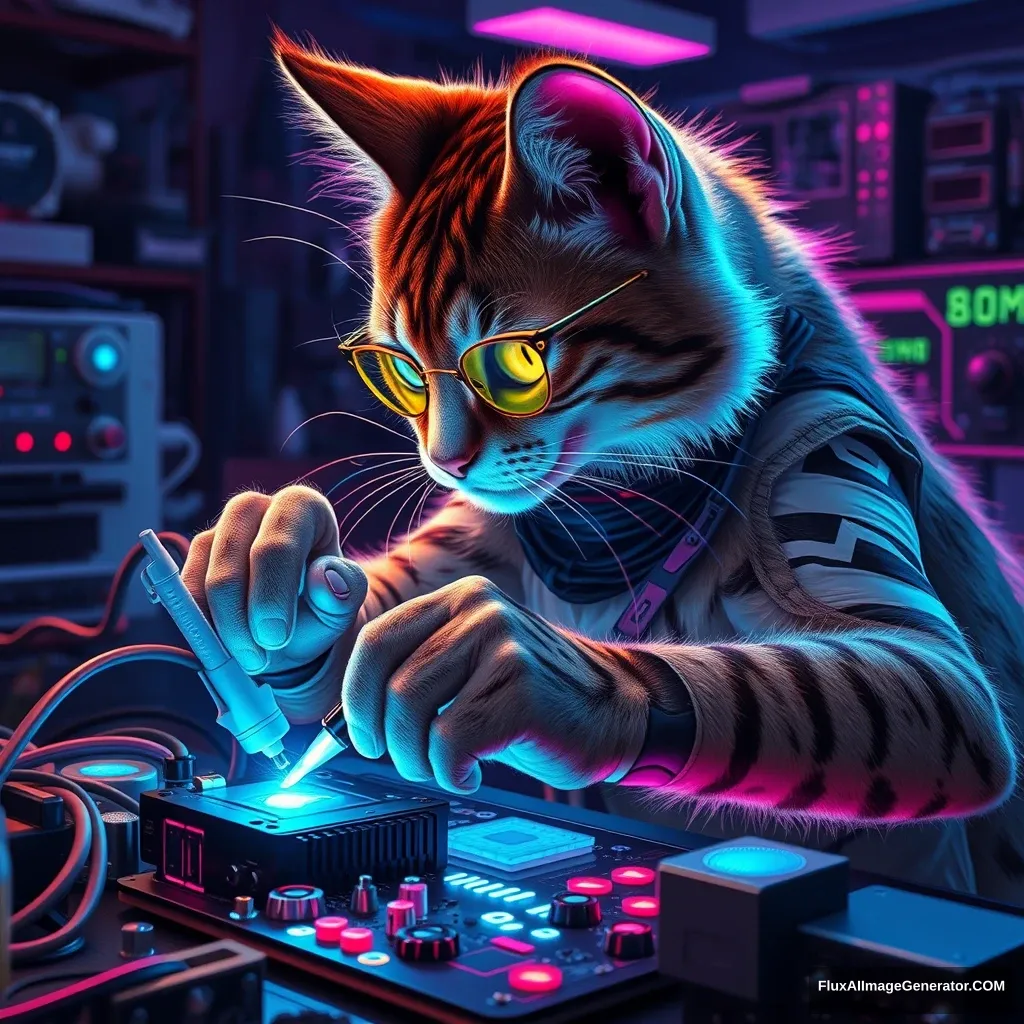 A cyberpunk feline technomancer, whiskers twitching, expertly wields a plasma-tipped soldering iron over a glowing motherboard. Neon circuits pulse beneath translucent fur as holographic UI elements swirl. Retro-futuristic workshop, bathed in blue LED light, echoes with 8-bit soundtracks. - Image