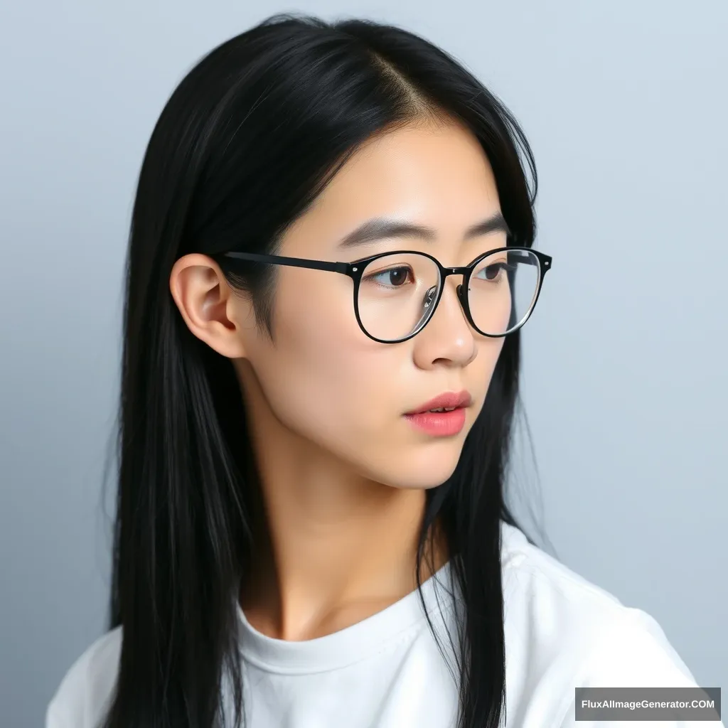 Chinese link, black long hair, wear glasses, side, white T-shirt.