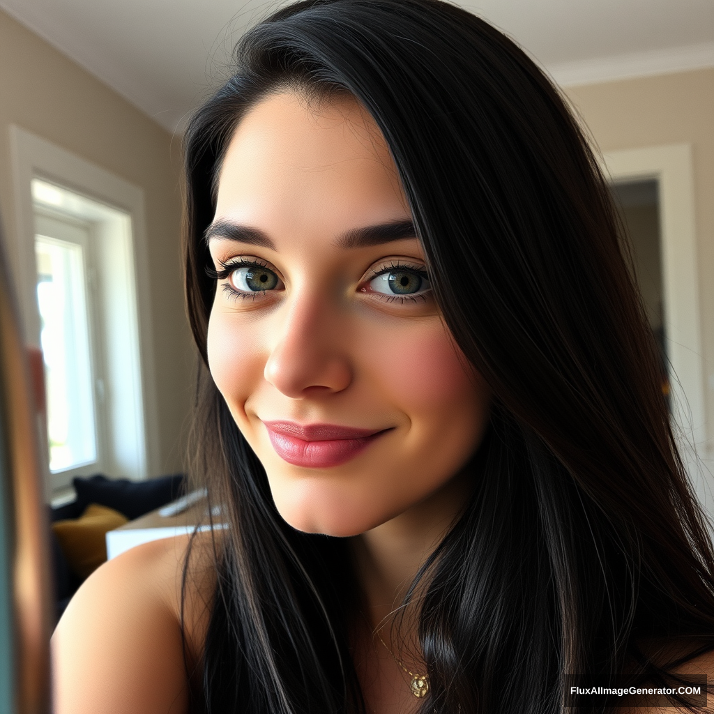 Instagram selfie, a 23-year-old gorgeous woman, slight smile, detailed skin on face and eyes, natural lighting, at home, long hair, film grain, low contrast, natural face, freckles, black hair, blue eyes, dark circles under eyes. - Image