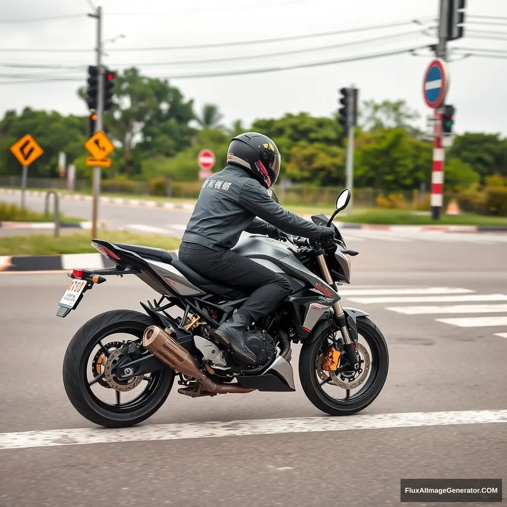 At the crossroads, someone is riding a smart motorcycle, which is equipped with guns and has Chinese characters or Japanese. - Image