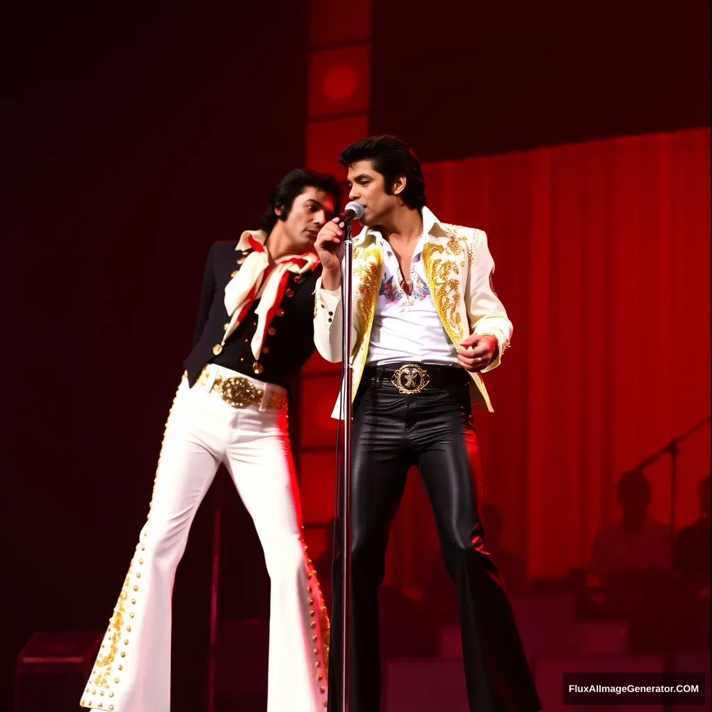 Elvis Presley and Michael Jackson in duet on a stage.