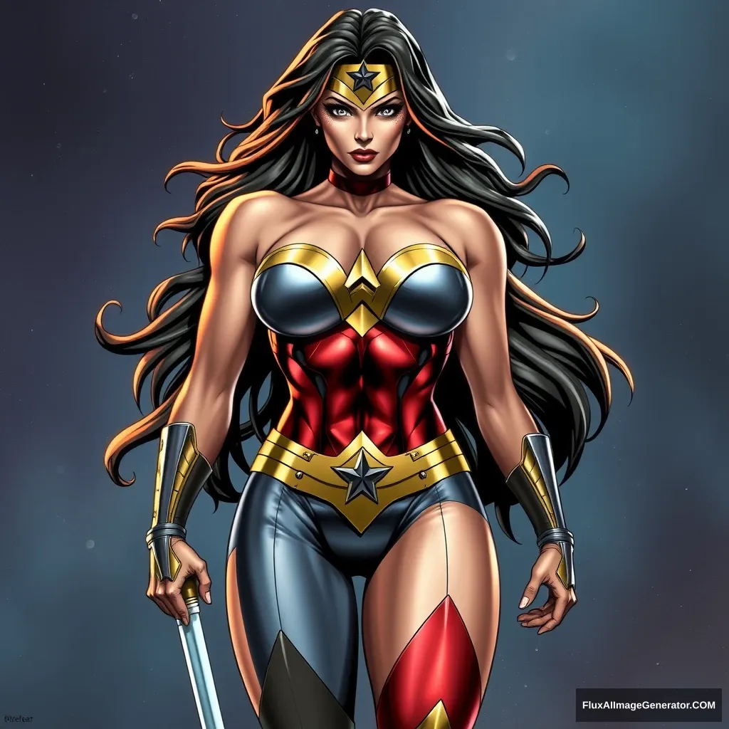 Big chested wonder woman character in the year 2099. Full body image from head to toe. In the style of Marvel Metal by Fleer.