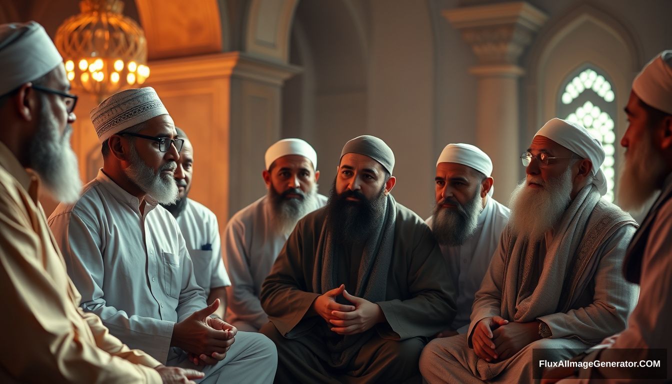 A group of Muslims discussing in Ultra HD, realistic, educational, with warm and cinematic lighting. - Image