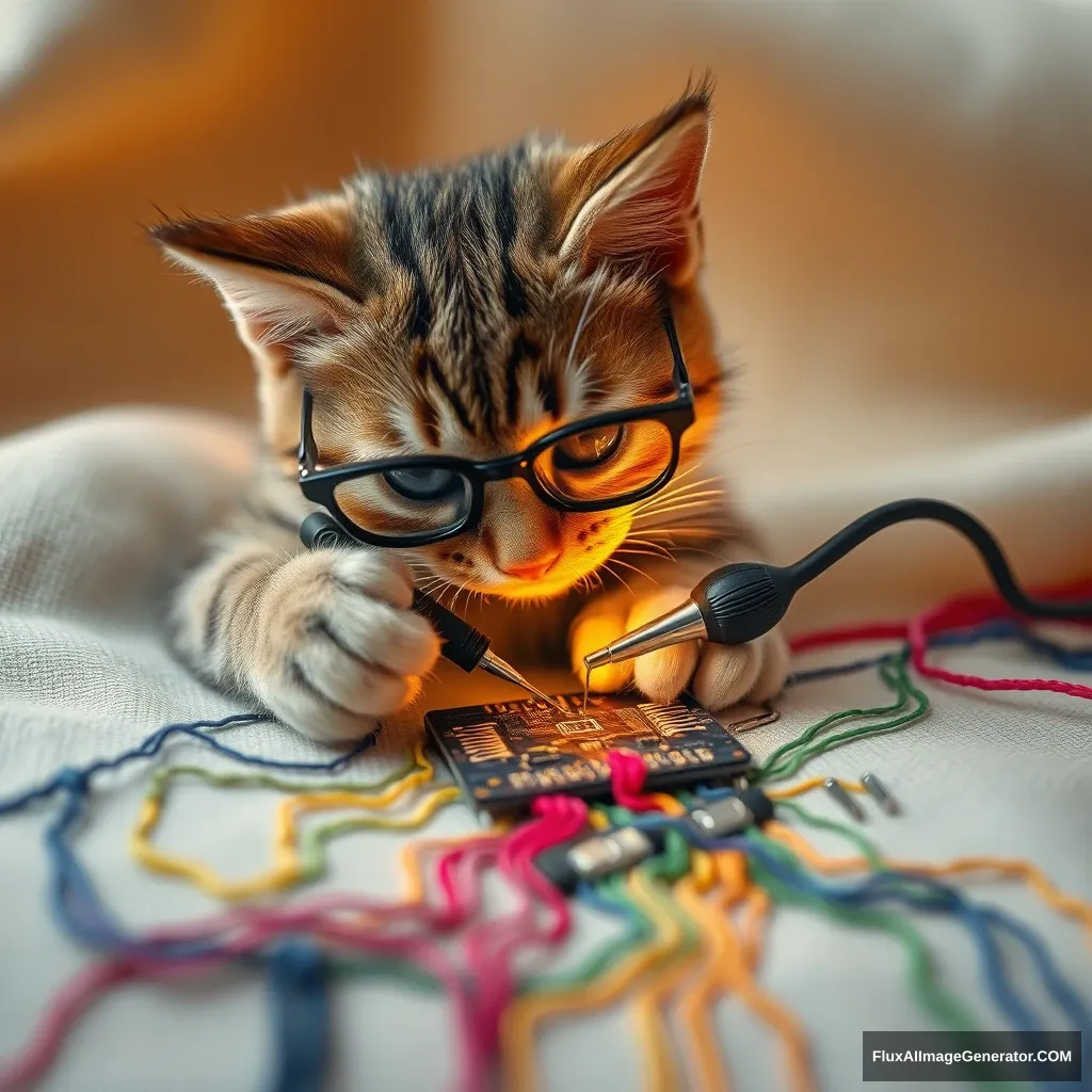 A mischievous tabby cat, wearing tiny spectacles, meticulously solders a circuit board with a miniature iron. Vibrant threads weave intricate patterns, mimicking electronic pathways. Soft fabric backdrop, warm lighting. Delicate French knots form components. Style: Hyper-realistic embroidery art, blending traditional craftsmanship with modern technology. - Image