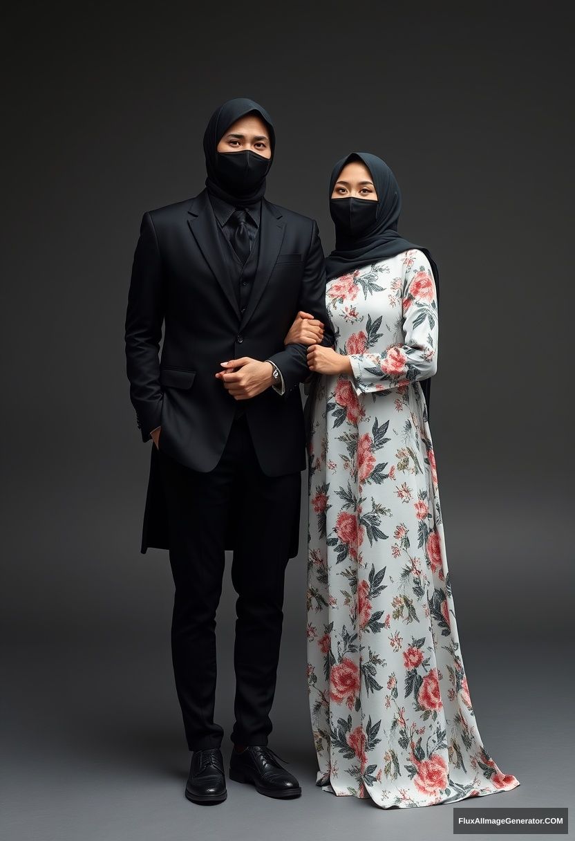 A biggest black hijab girl, beautiful eyes, face mask black, biggest white floral longest dress, untall, standing, holding his arm

Jamie Dornan, youngest, black suit coat, white shirt, grey pattern tie, black leather sneaker, tall man, face mask black, fit tough body, standing near her, love couple

hyper realistic, studio photography, photorealistic - Image