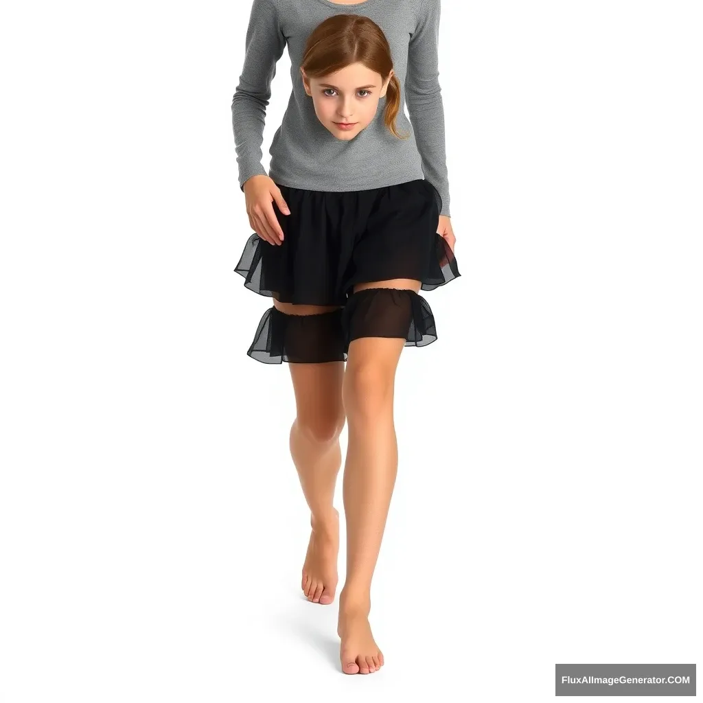 "Create a photo of a 16-year-old German girl wearing a short black layered skirt and a gray top. She is barefoot. The background is white, with no text. The person is fully visible from the front. She is stepping forward."