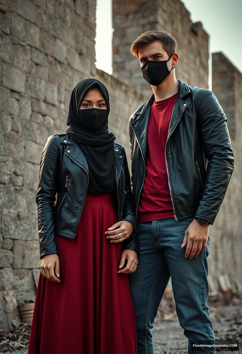 A biggest black hijab girl, beautiful eyes, face mask black, black leather jacket, biggest red longest dress, not tall,

Jamie Dornan, handsome, face mask black, fit and tough body, metal red t-shirt, black leather jacket, jeans, tall man,

standing near wall together, Hyper realistic, photorealistic, street photography, Victoria's abandoned castle, sunrise.