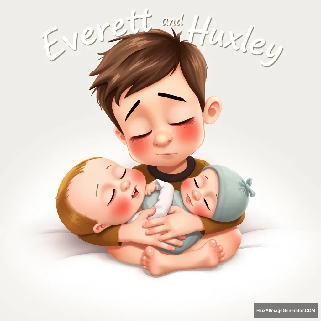 A 2 and a half year old boy cuddling his newborn baby brother. Above them float their names "Everett and Huxley". Pixar style.