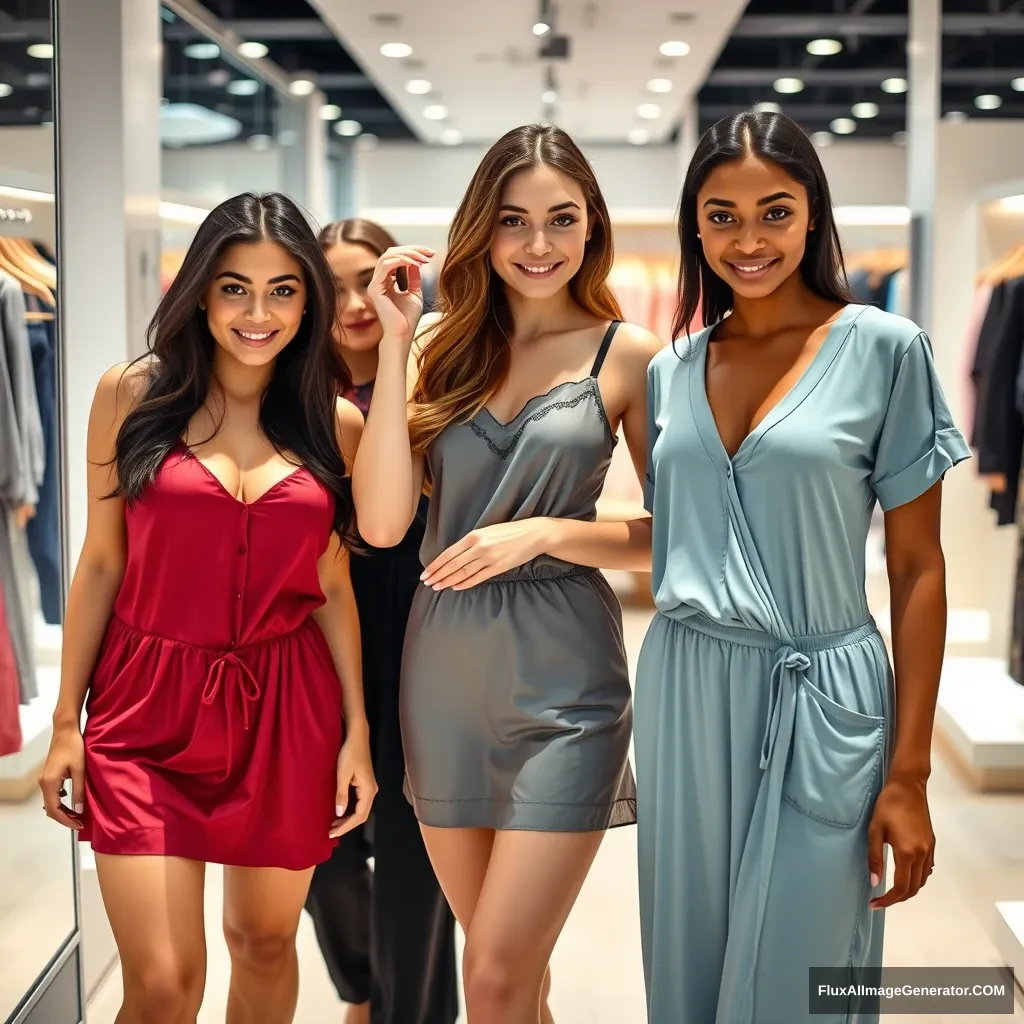 Three slim, large-chested female college students, each from different ethnic backgrounds, trying on nightwear in a store. - Image