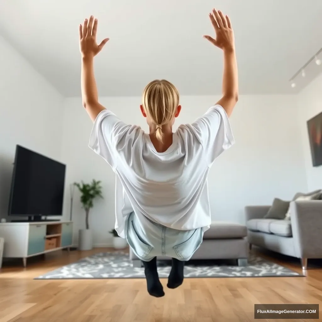 Side view of a skinny blonde woman in her large living room, wearing a massively oversized white t-shirt that is very uneven on one sleeve, paired with oversized light blue denim shorts that are not rolled up. She has ankle-high black socks on, but no shoes. Facing her TV, she dives headfirst with both arms raised below her head, which is looking up, while her legs are in the air, positioned at a -60 degree angle. - Image