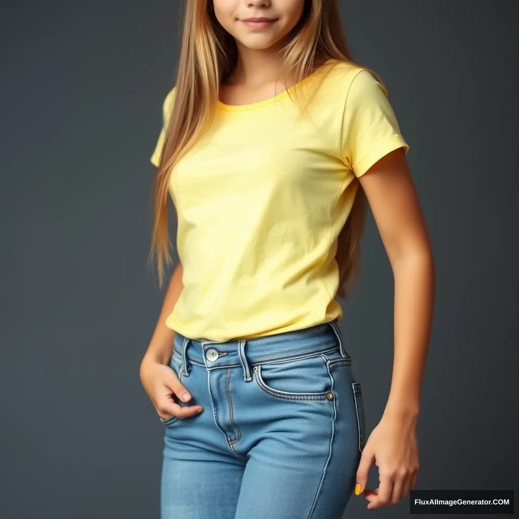 A beautiful, slim girl with long hair, wearing jeans and a light yellow T-shirt.