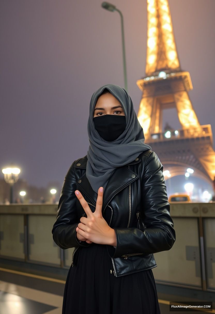 Biggest grey hijab Muslim girl, beautiful eyes, black face mask, leather jacket, biggest longest skirt, standing near the Eiffel Tower, night scenery, hyper-realistic, photorealistic, selfie photos, peace hand. - Image