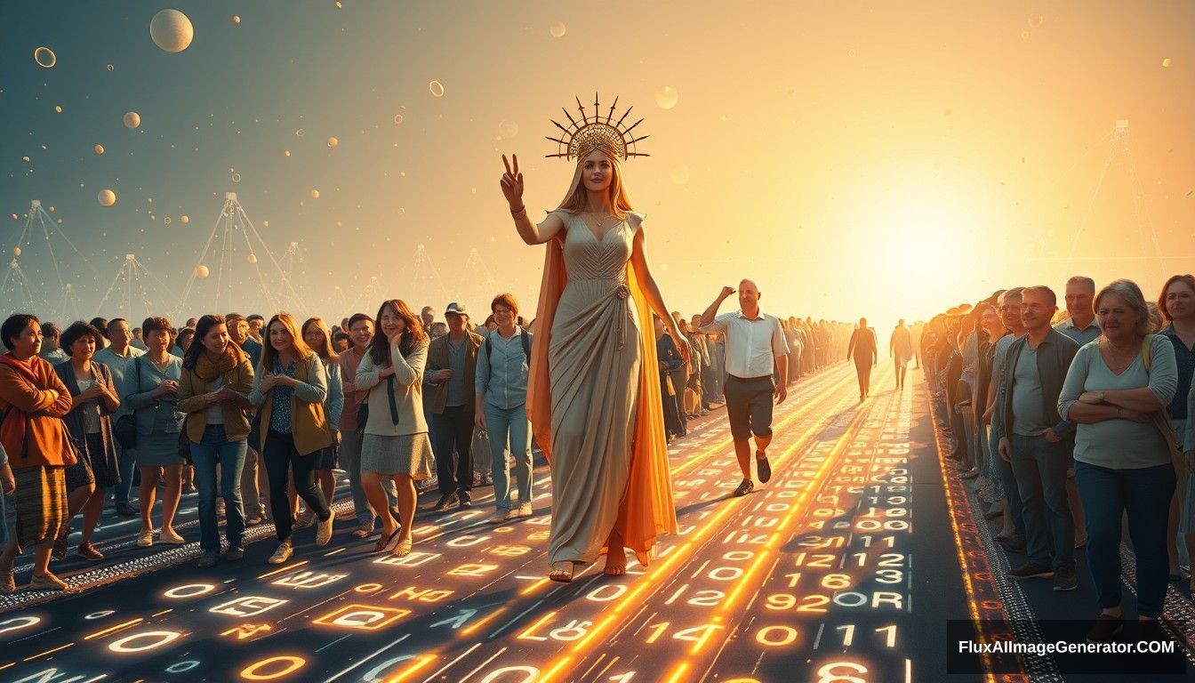 Photorealistic, Instagram-style image featuring a bright and hopeful scene depicting the concept of blockchain and decentralization. In the foreground, a futuristic and sci-fi styled goddess symbolizing blockchain and decentralization leads the people towards a bright future. She stands on a digital road made of glowing lines and various random characters, including 0s and 1s, symbolizing the path of digitalization. She is surrounded by families and individuals of predominantly European descent who are joyous and supportive, embracing and helping each other. The scene is grand and panoramic, with light shining from the front, illuminating the entire scene. The background is filled with elements that evoke a sense of hope and optimism. The overall aesthetic is vibrant and polished, with a modern Instagram filter applied to enhance colors and contrast.