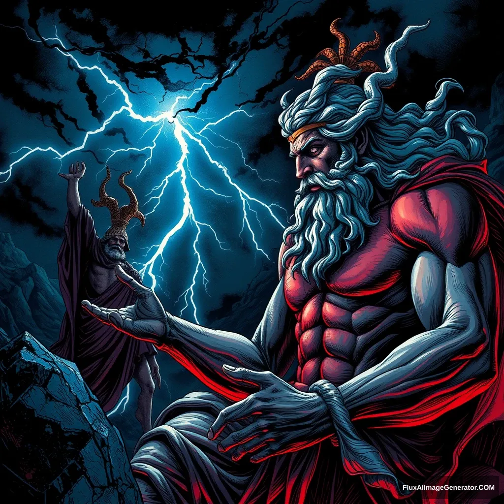 Zeus issuing his command to Hades, lightning crackling in the background, anatomy flawlessly rendered, chiaroscuro enhancing hyperbolic illustration, astonishing 32k resolution, ultra HD, realistic with vivid colors, UHD pen and ink technique, beautiful intricate, fantasy background, full body portrait, dim volumetric lighting, 8k octane beautifully detailed render, intricate, stunning detailed matte painting, deep color, fantastical, intricate detail, complementary colors, fantasy concept, colorful, color art, color chaos, cutie. - Image