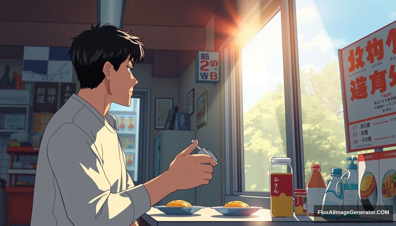 Man eating breakfast at a convenience store, sunlight coming in, cell-shaded anime style of Studio Ghibli and Makoto Shinkai --ar 16:9.