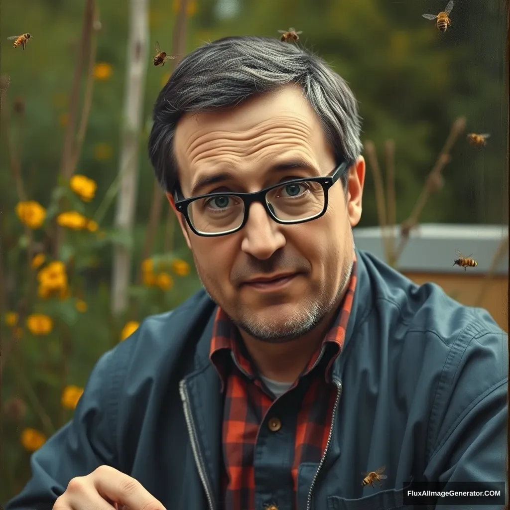 I want a painting of John Oliver from This Week Tonight in a movie about beekeeping.