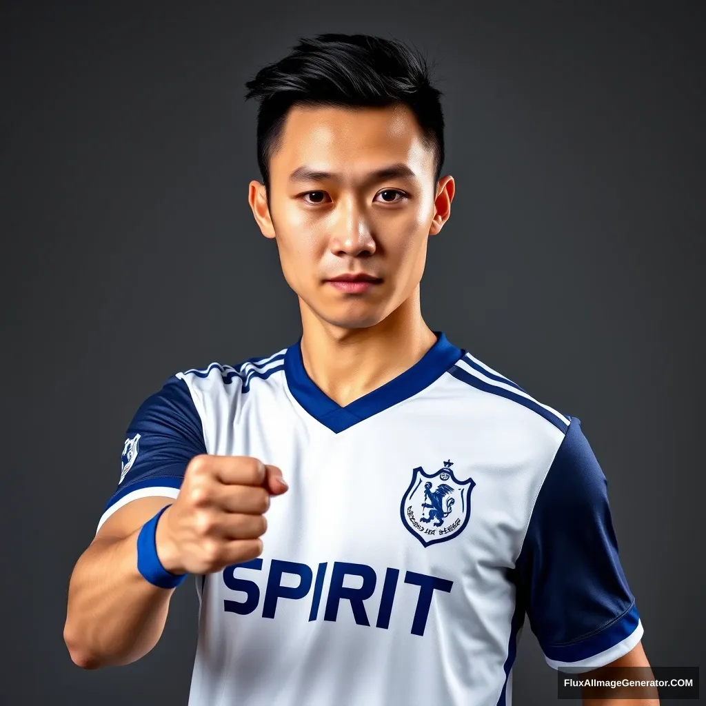 A high-quality portrait photo of a Chinese man with fair and delicate skin, wearing a white short-sleeve football jersey with blue cuffs and a blue collar, featuring the word "SPIRIT" on the chest. He is striking a confident and powerful pose, with a determined gaze and bright eyes. It is a mid-shot player image, using Rembrandt lighting, taken in a studio with a gray background. - Image