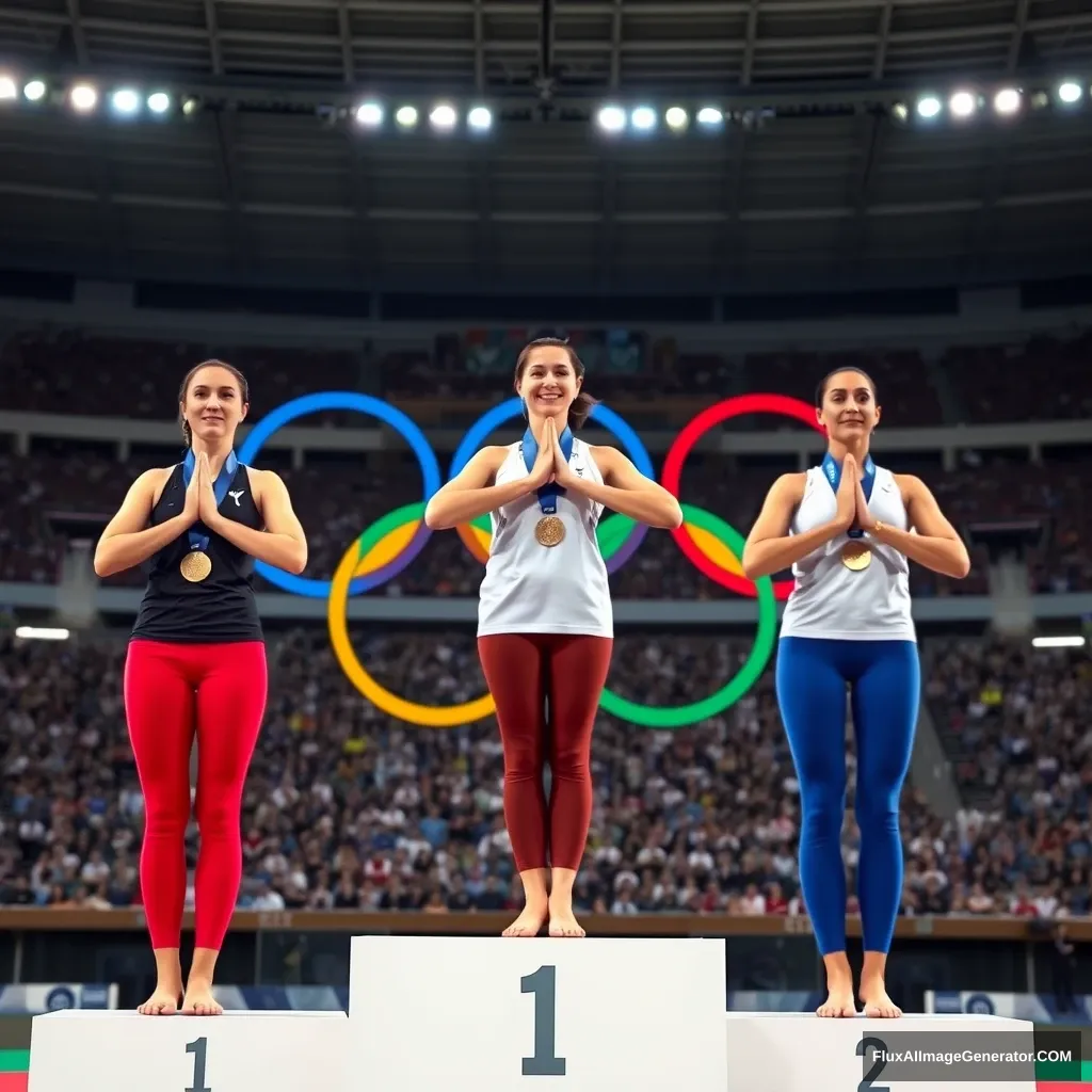 "Yoga has become an Olympic sport. So please picture three female yoga athletes standing side by side on the podium in the center of the Olympic rings arena, receiving gold, silver, and bronze medals. The podium has markings for 1st, 2nd, and 3rd place. A nice pose for receiving the medals would be the Namaste position with hands together in front of the chest."