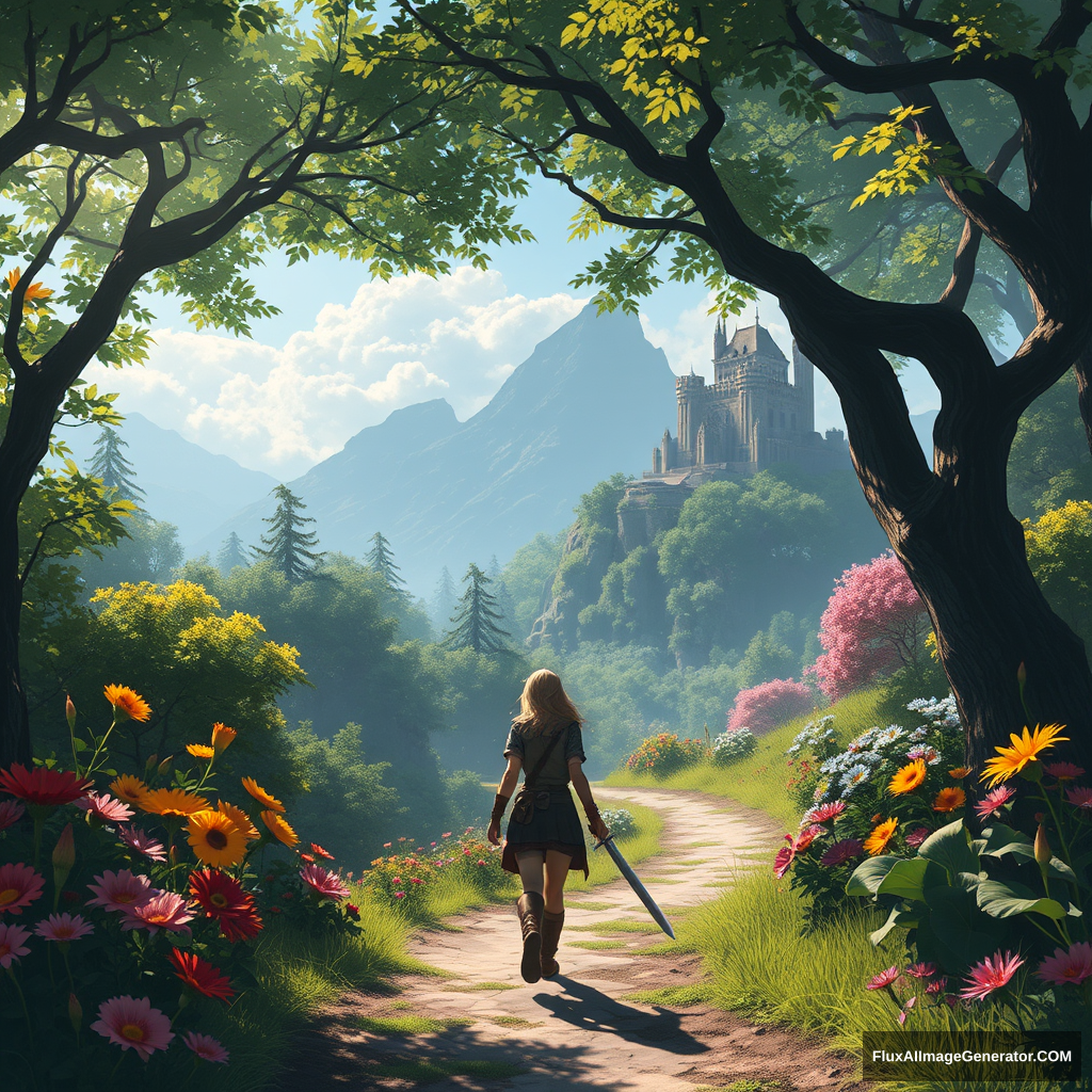 Here is a generated prompt about Middle Journey for you:

In a mysterious and fantastical world, there lies a vast and boundless forest. Sunlight filters through the dense leaves, casting dappled shadows. A brave adventurer finds herself within, dressed in lightweight leather armor, wielding a sharp longsword. Her gaze is resolute, and her steps steady as she walks along a winding path. On either side of the path, strange flowers bloom in vibrant colors, emitting an enchanting fragrance. In the distance, an ancient castle stands atop a mountain, shrouded in clouds, appearing and disappearing. The walls of the castle are covered in vines, as if telling the story of the passage of time. The adventurer quickens her pace, filled with a thirst for the unknown and a determination to explore; this is the marvelous scene within Middle Journey. - Image