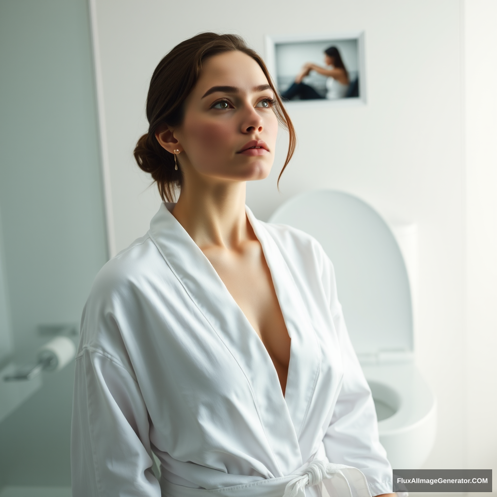 A close-up shot of a woman standing in front of a sleek, modern toilet in a minimalist bathroom. Her expression is contemplative, with a hint of introspection. The lighting is soft and white, casting an ethereal glow on her porcelain skin. She wears a simple white robe, cinched at the waist by a thin belt. The composition is tight, focusing attention solely on the woman as she ponders something profound. - Image