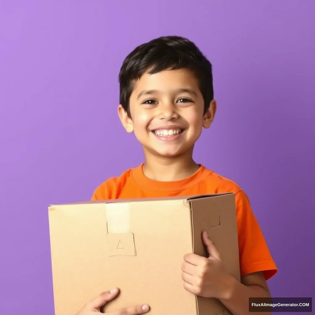 Smiling boy holding a cardboard box, wearing an orange t-shirt against a purple background. - Image