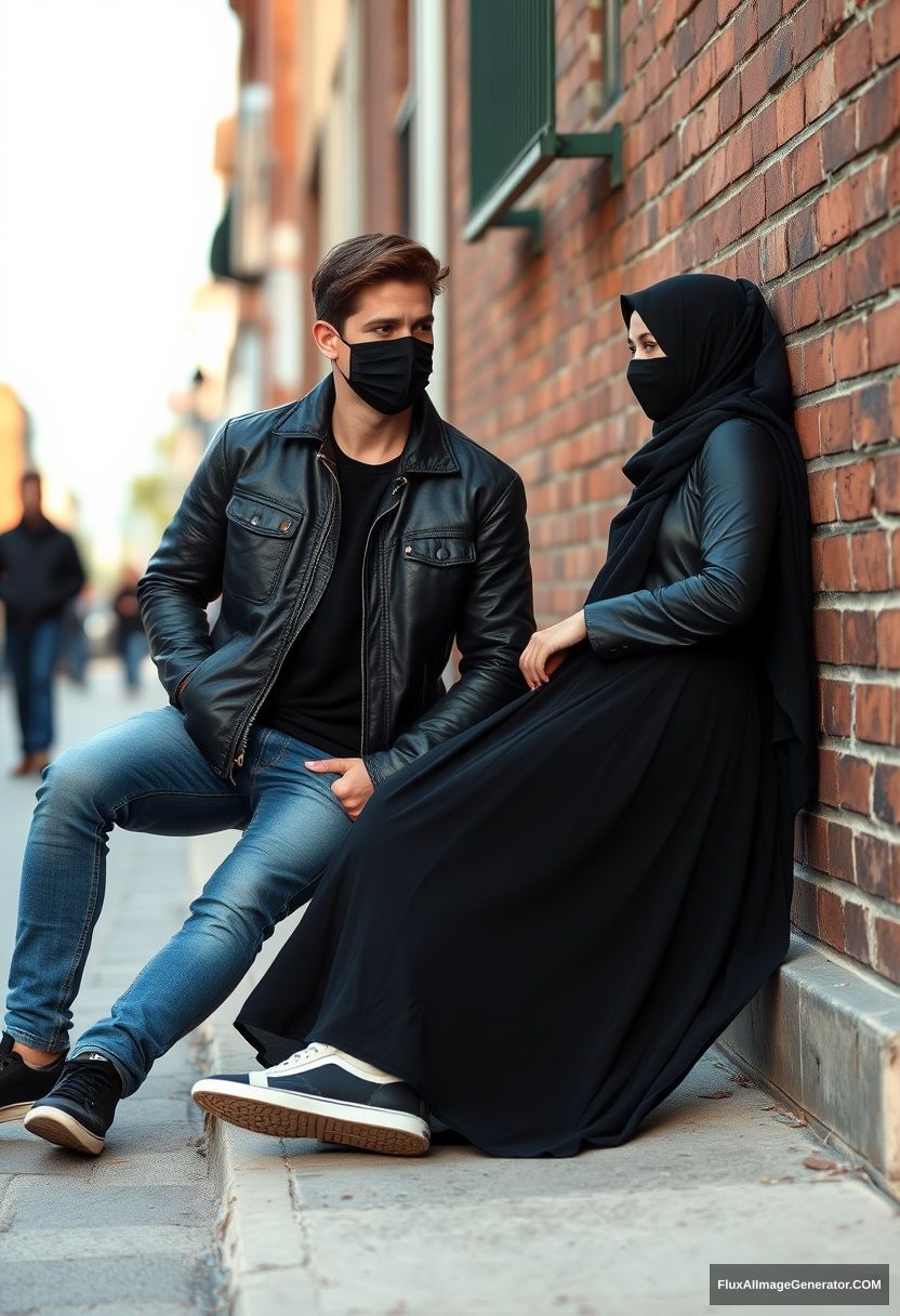 Jamie Dornan, handsome, young, black face mask, collage jacket, jeans, dating romantic love with the biggest black hijab Muslim girl, beautiful eyes, black face mask, black leather jacket, sneakers, the biggest longest skirt standing and laying against a brick wall, town, morning scenery, photorealistic, street photography.