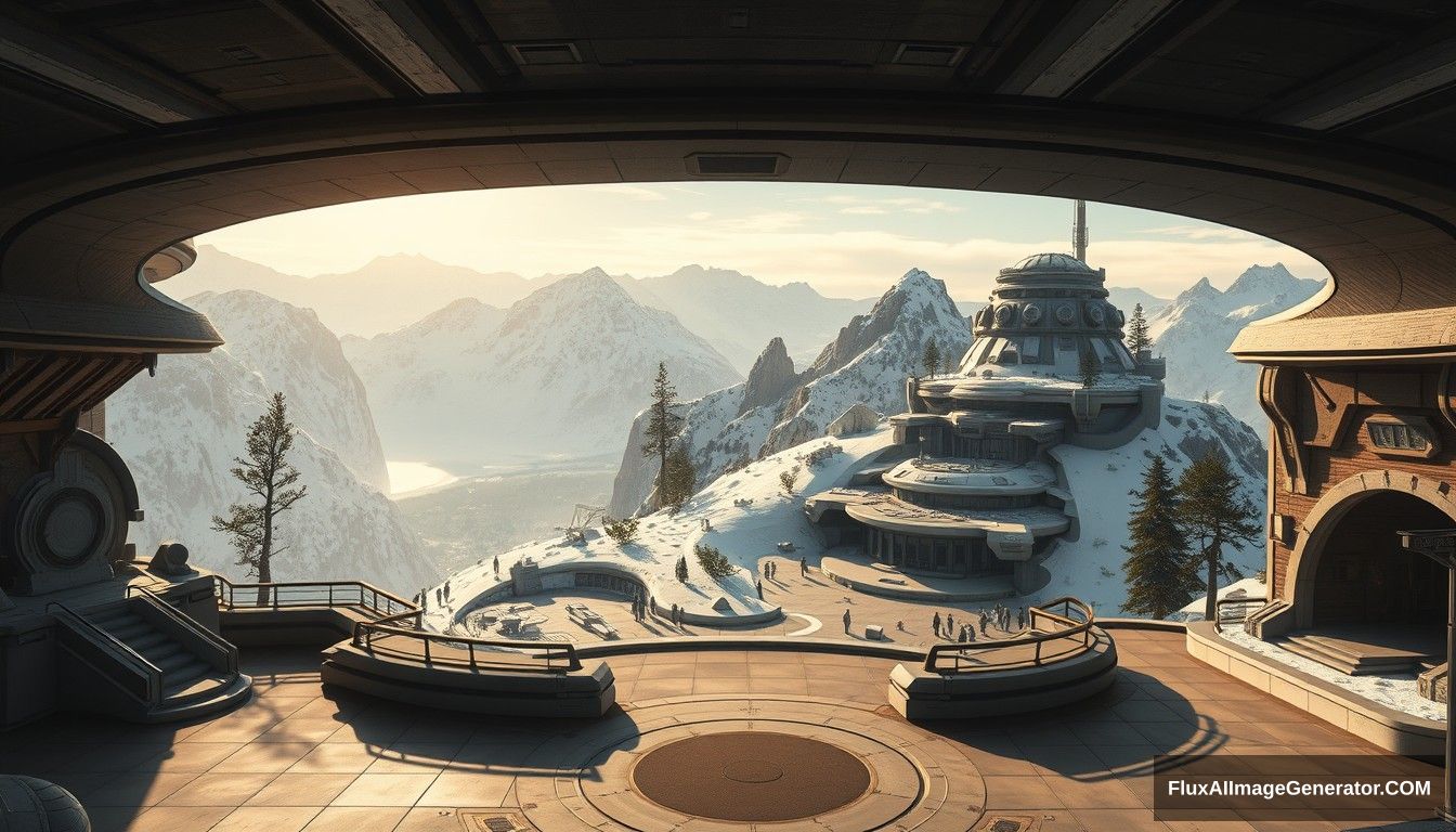 Cel shaded art, wide shot, a sci-fi center on the top of a snow mountain, open air, close look, cyberpunk, military base, Star Wars style, indoor, patio, morning, sunlight, fortress, mountain, rock, snow, tarmac, parking apron, cave, tree, landing field, cliff, round shape, tower. - Image