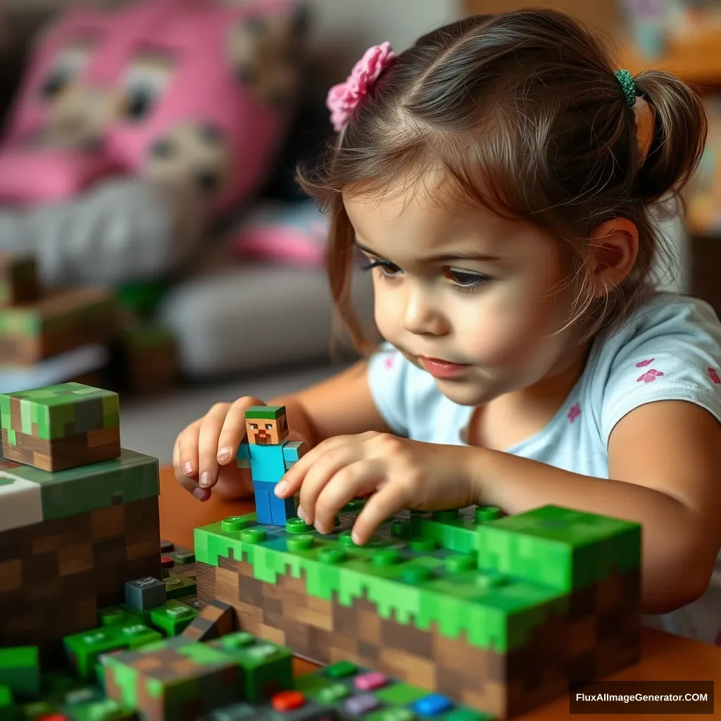 A little girl is playing Minecraft. - Image