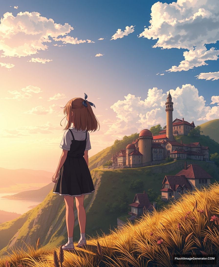 anime style, a girl looking at a village from a top hill, highly detailed - Image