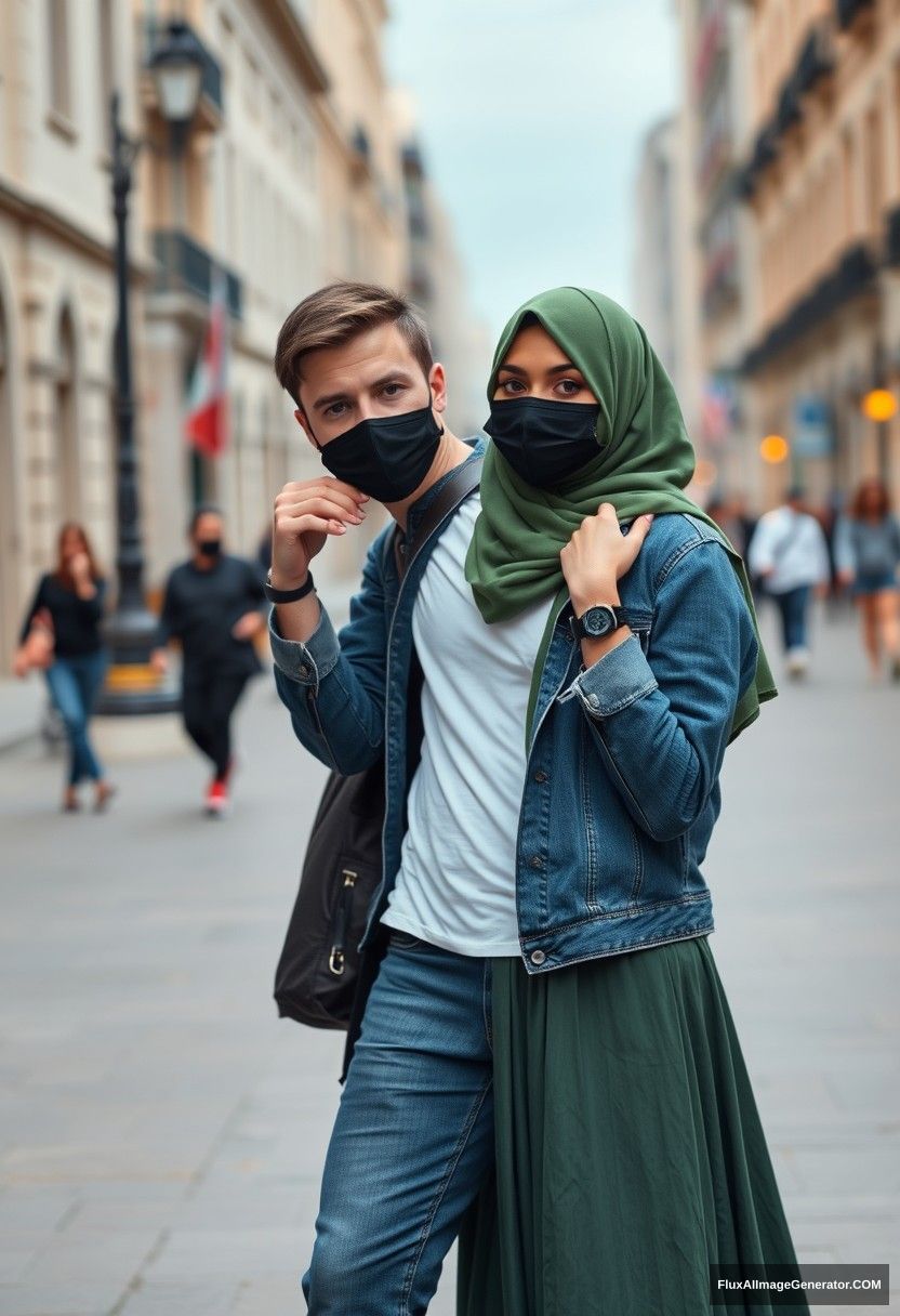 Jamie Dornan, handsome, young, wearing a black face mask, a white T-shirt, jeans, and red sneakers, dating a beautiful Muslim girl in a green hijab, with beautiful eyes, a black face mask, a denim jacket, and the longest skirt, who is not tall. Photorealistic street photography, full photography, and selfie photos.