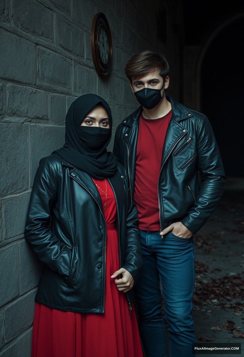 A biggest black hijab girl, beautiful eyes, face mask black, black leather jacket, biggest red longest dress, untall,

Jamie Dornan, handsome, face mask black, fit and tough body, metal red t-shirt, black leather jacket, jeans, tall man,

standing near wall together,
Hyper realistic, photorealistic, street photography, Victoria's abandoned castle, gloomy, darkness. - Image