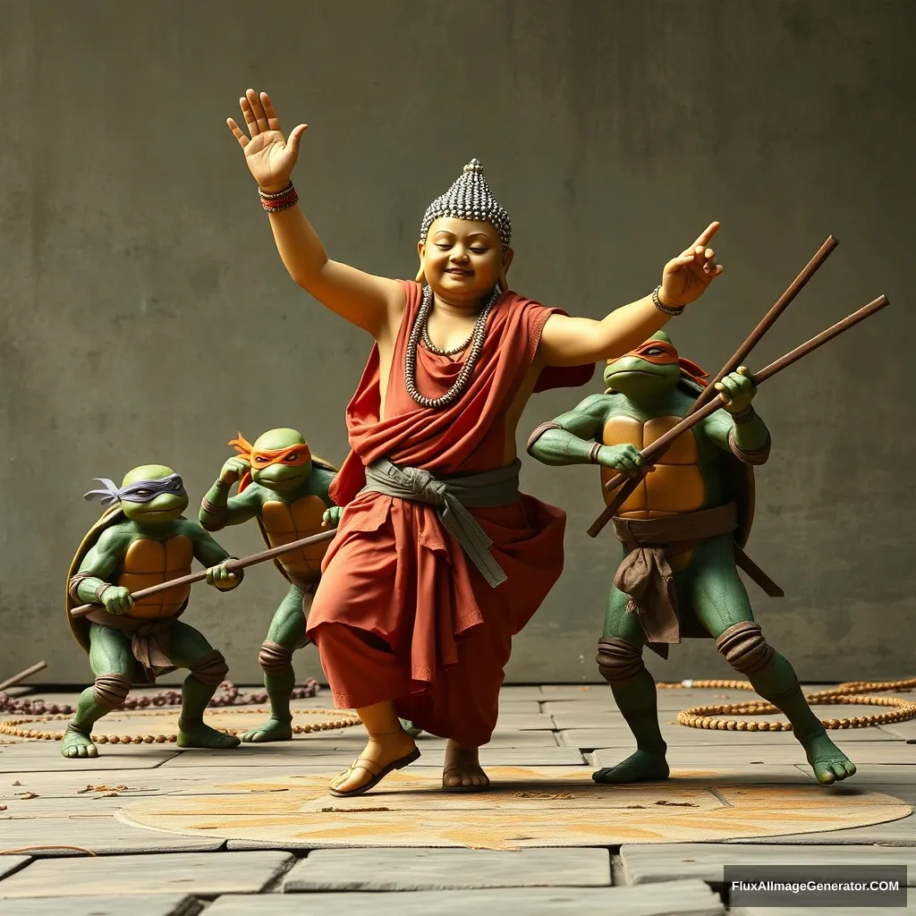 Buddha break dancing with ninja turtles