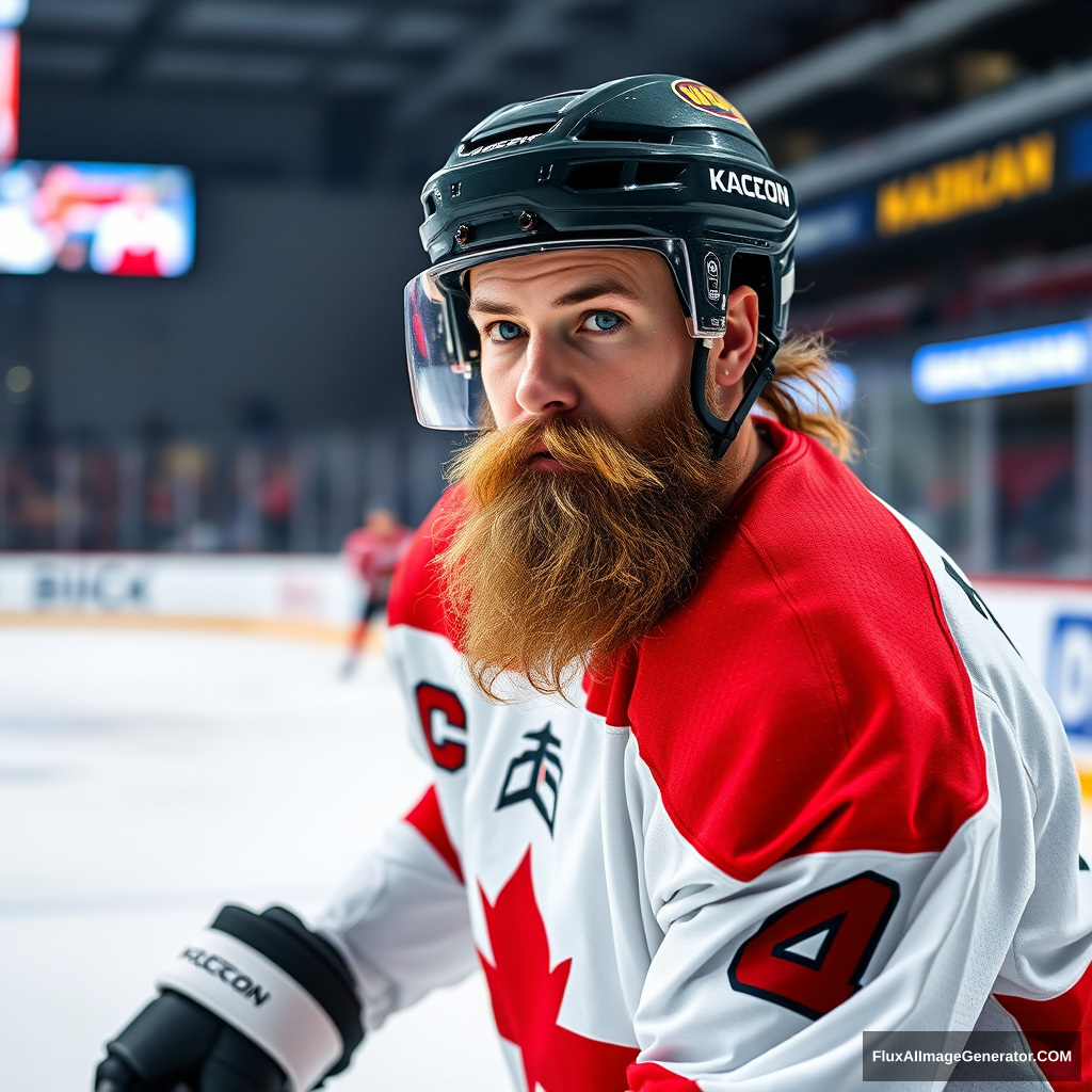 'A hockey player from Siberia with a beard is playing hockey in Kazan.'