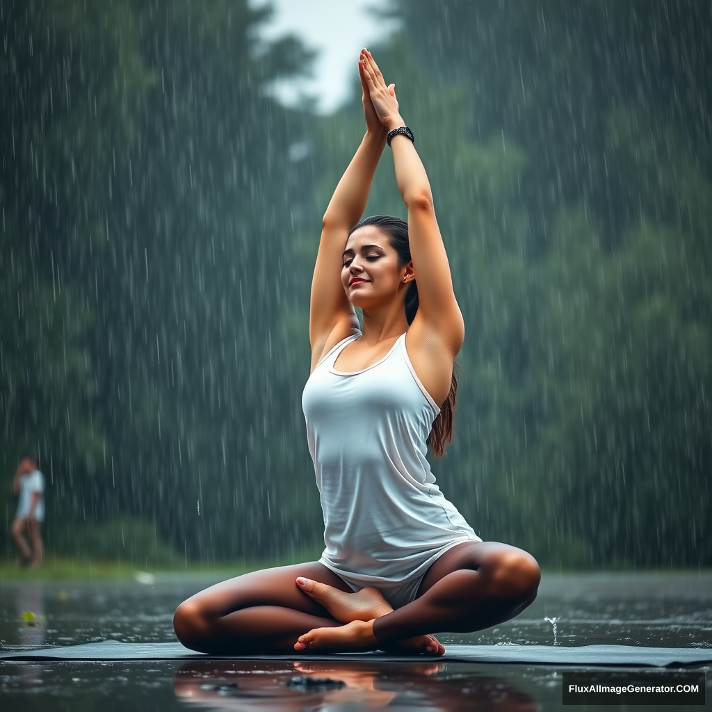 Woman doing yoga in goddess position under rain. Wearing nylons. - Image