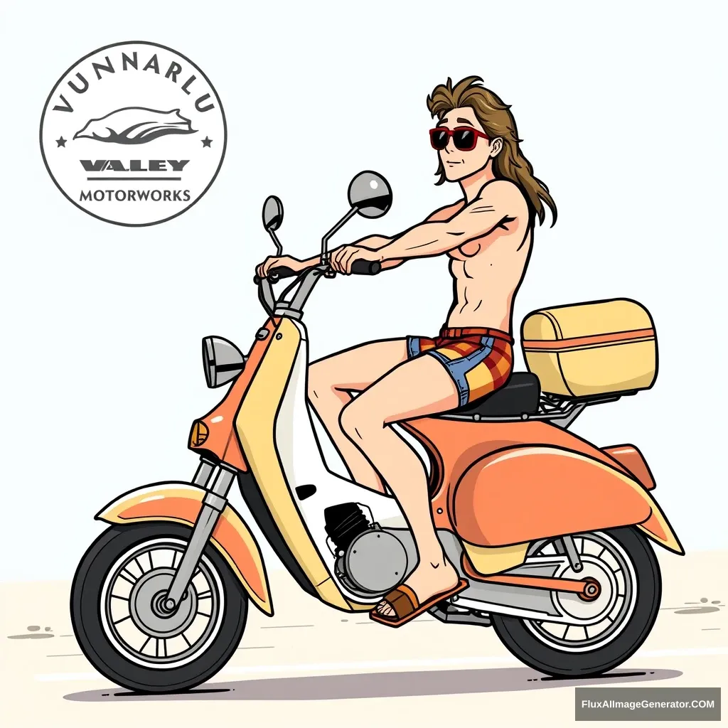 A man riding a 70's style moped, with bike pedals like a moped actually has, wearing only a bikini bottom and sunglasses, in the style of a cartoon from the early 90's, that has a logo for a moped shop called Vintage Valley Motorworks. - Image