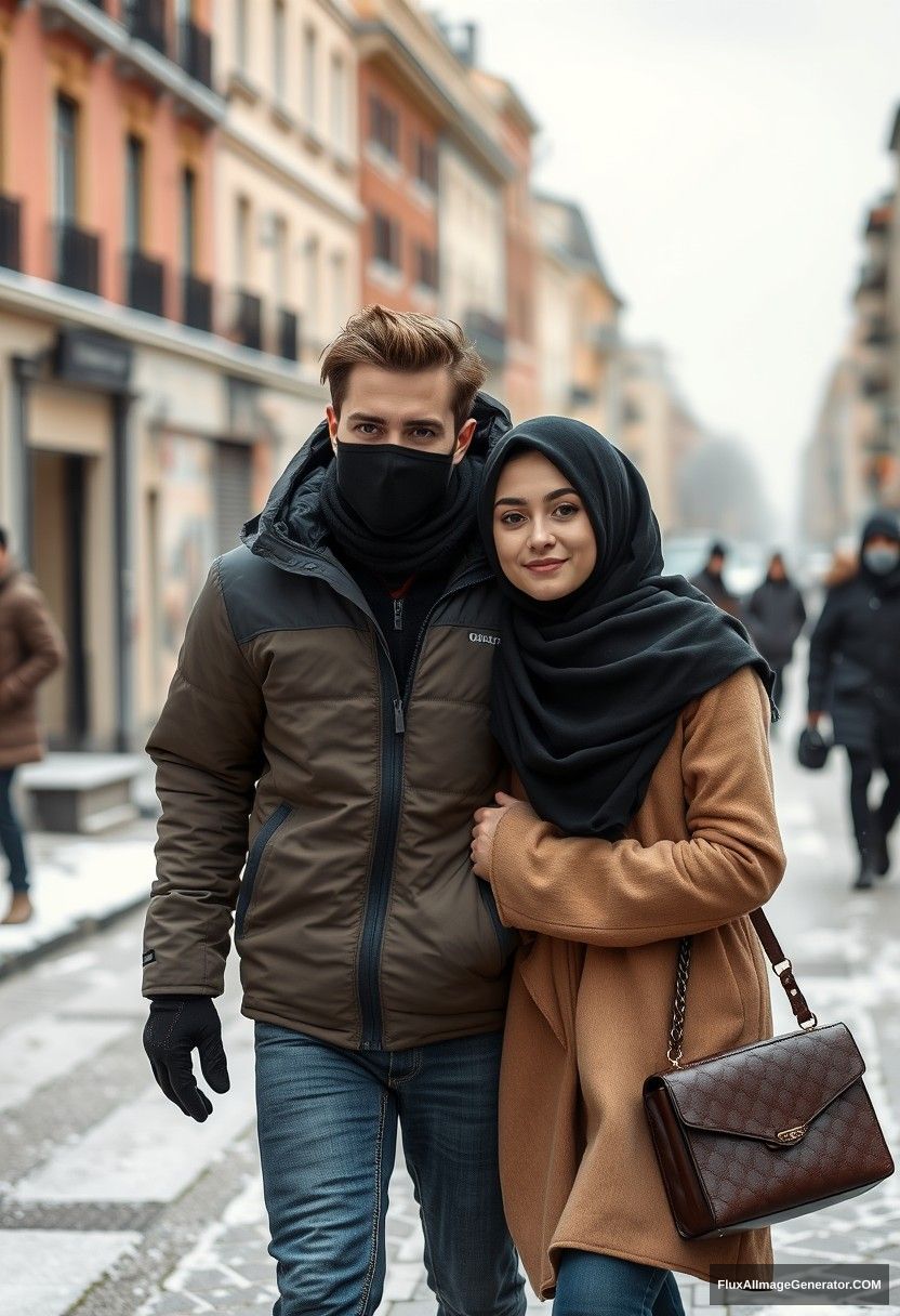 Jamie Dornan's handsome young face, wearing a black face mask, snow jacket, and jeans, dating the most beautiful girl in a black hijab with gorgeous eyes. They are walking together in a winter scenery in town, captured in hyper-realistic street photography. - Image