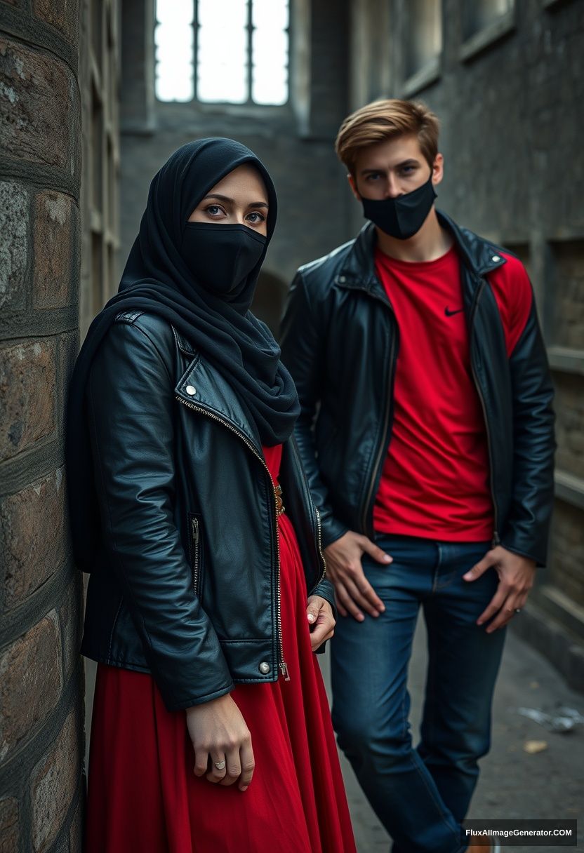 A biggest black hijab girl, beautiful eyes, face mask black, black leather jacket, biggest red longest dress, not tall, leaning at him,

Jamie Dornan, handsome, face mask black, fit and tough body, Nike red t-shirt, black leather jacket, jeans, tall man, leaning against the wall

Hyper realistic, photorealistic, studio photography, Victoria's abandoned castle, gloomy.