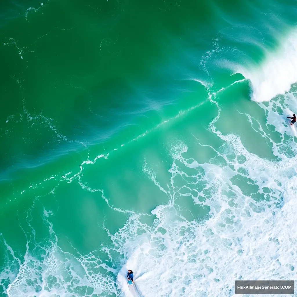 The emerald green waves, people soaring through the sea waves.