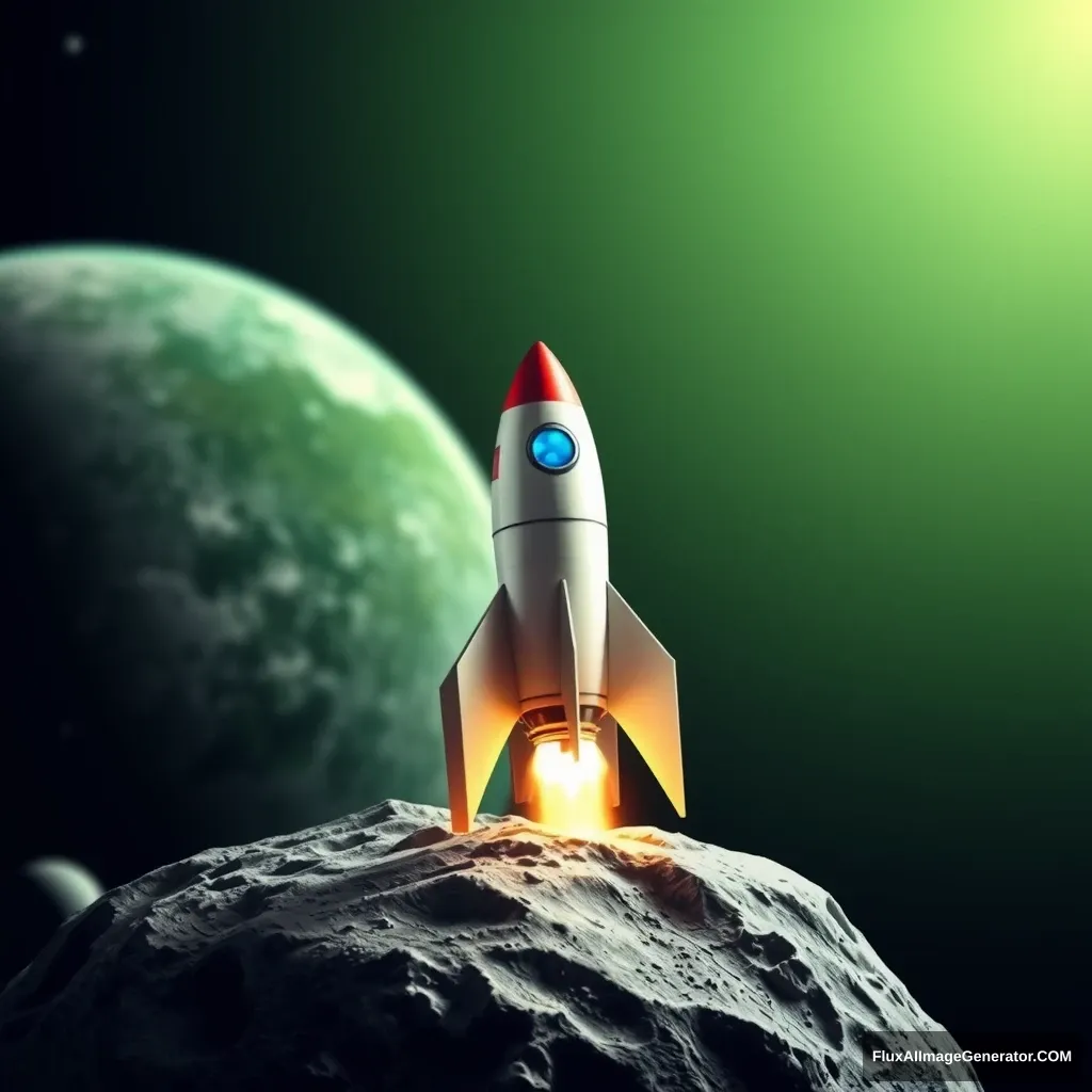 Realistic space rocket on the Moon, with green Earth in the background. - Image