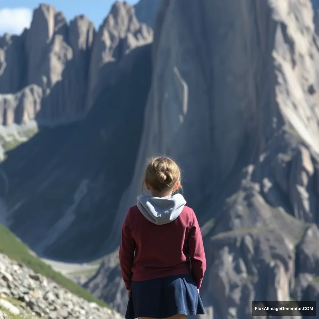 A girl standing beside a mountain.