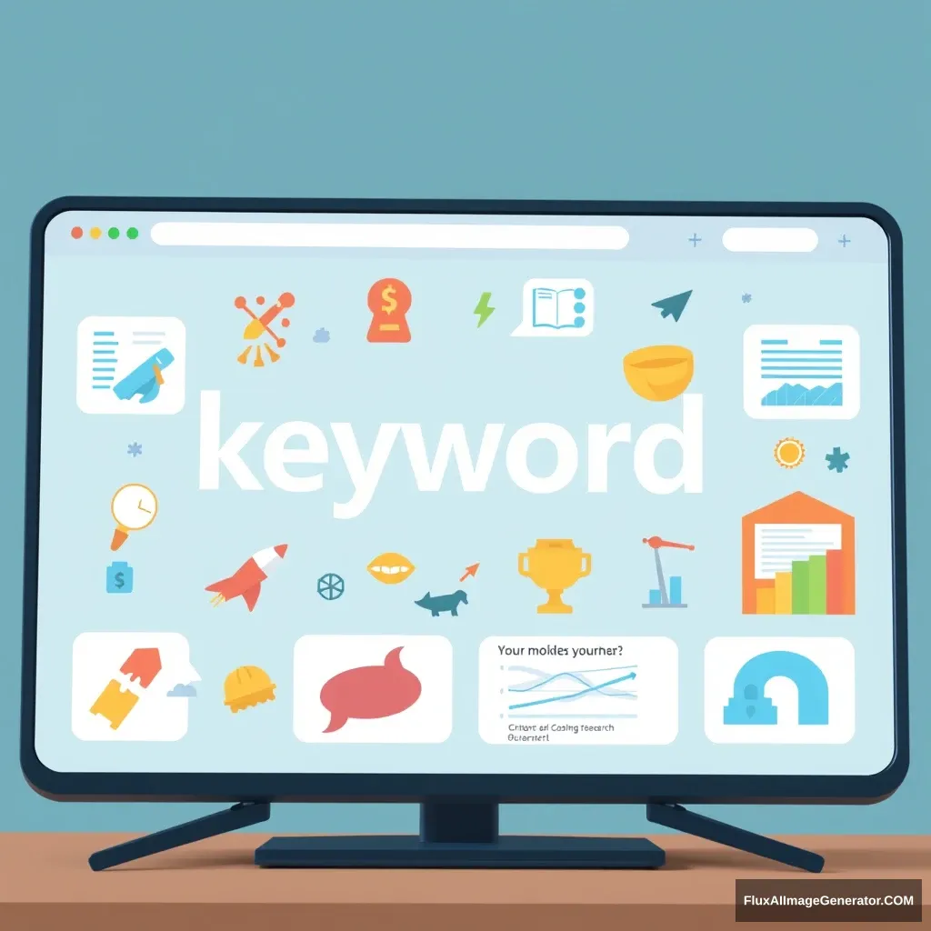 Animated visuals of keyword research appear on screen.