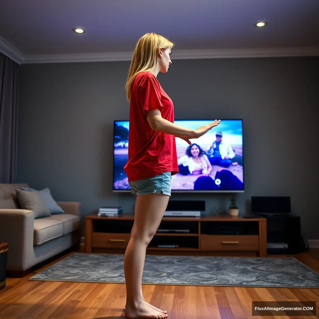 A side view of a skinny blonde woman in her early twenties is standing in her large living room, wearing an oversized red polo t-shirt that is slightly unbalanced on one shoulder, with the bottom part untucked. She is also wearing light blue denim shorts and has no shoes or socks on. Facing her TV, she dives into the magical screen by slowly raising her arms, which are positioned below her chest, and extends them straight forward. - Image