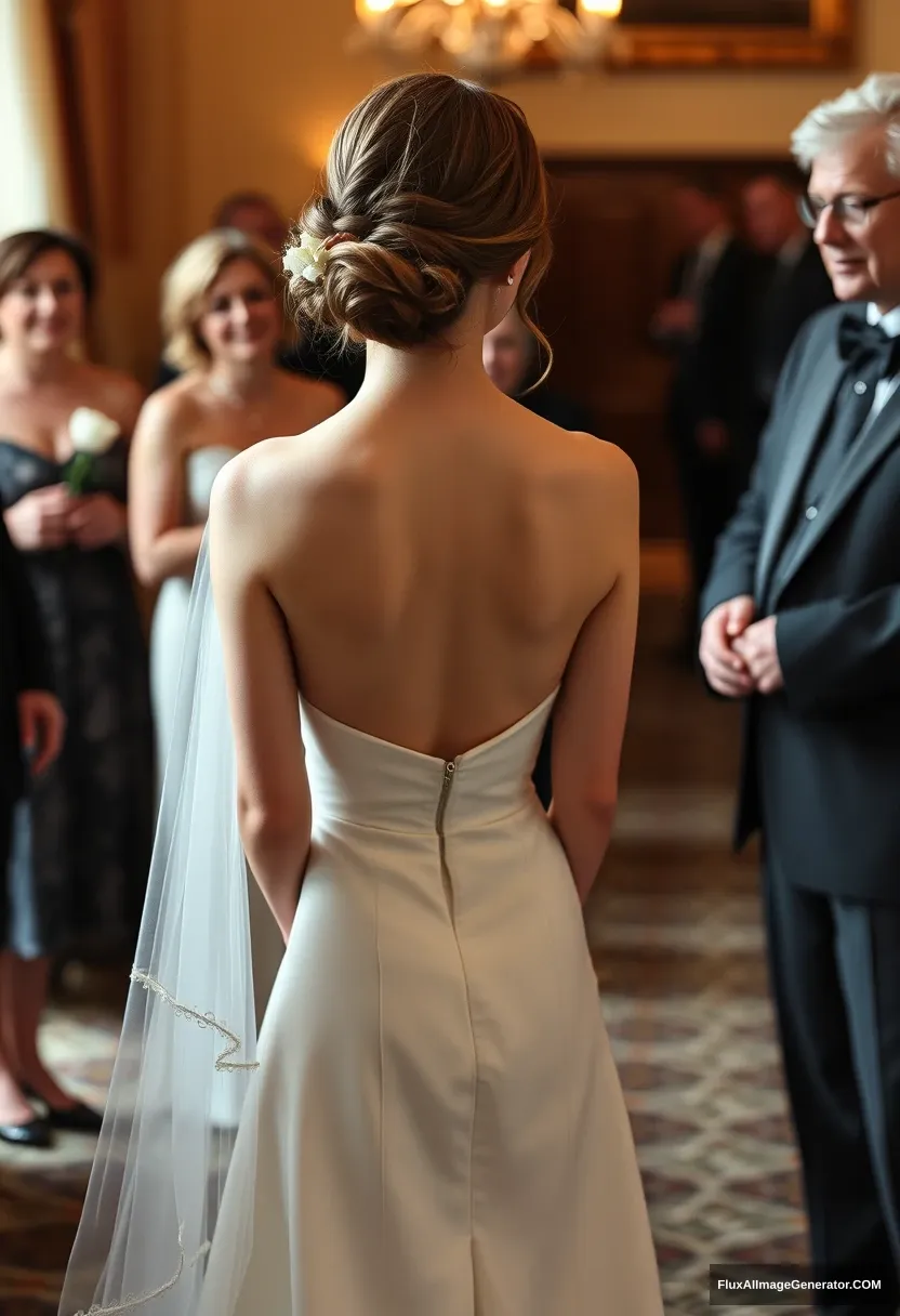 A short young woman, sensitive, delicate, backless strapless side-less low-waisted contouring wedding dress with a loose front and an open rear. Fawning obediently mingling with fathers. Expectations. Perfect posture. Pale skin.