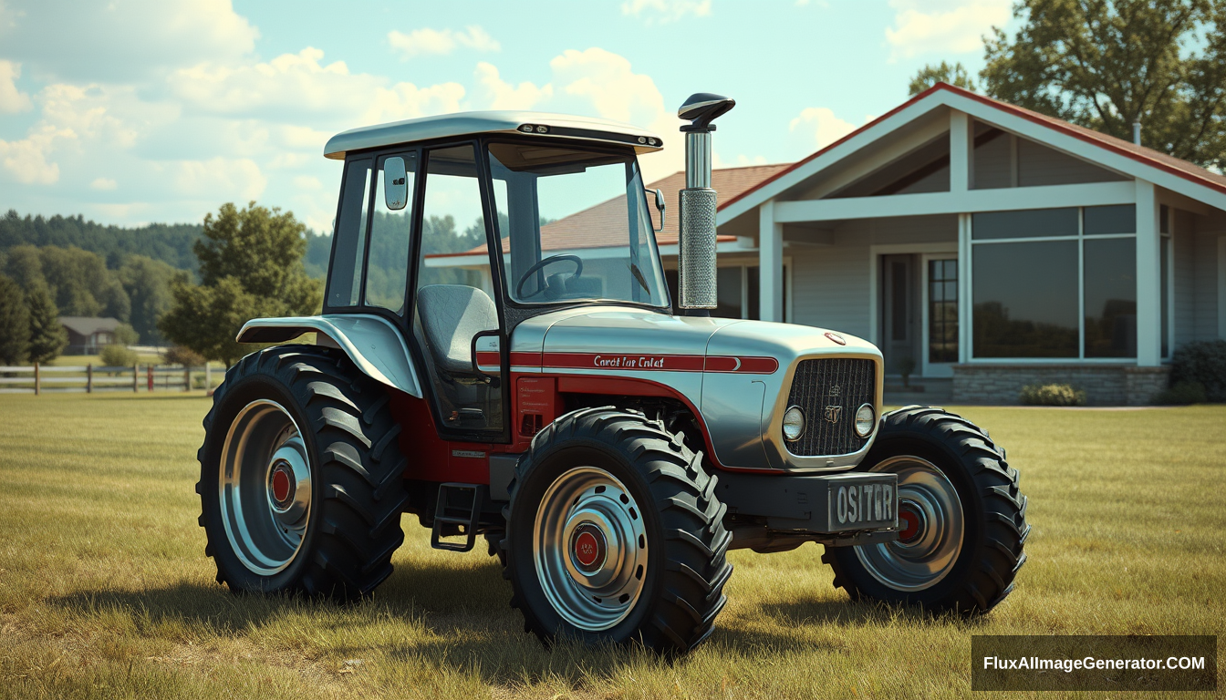 A futuristic concept tractor from the 1970s sitting in front of a mid-century modern house, as painted by Syd Mead, in a country setting, 4k, with metal-flake paint.