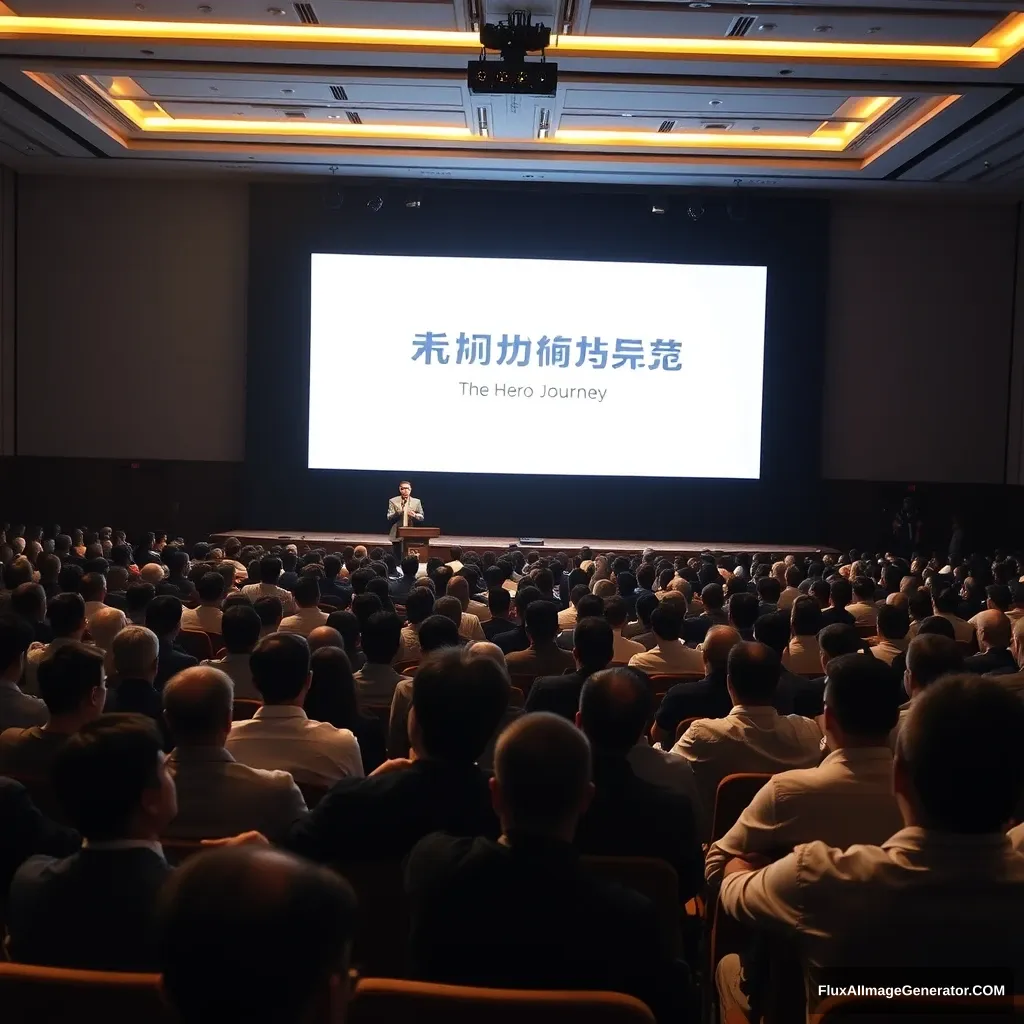 A large conference room filled with an audience. On stage, a speaker stands in front of a big screen that displays the text "Starting K8s: Beginning from Zero, The Hero's Journey" in Chinese. The audience is seated, all focused on the speaker's presentation. The room is dimly lit, but the stage lights are bright, illuminating the speaker and the screen. This image conveys an atmosphere of knowledge sharing and learning. - Image