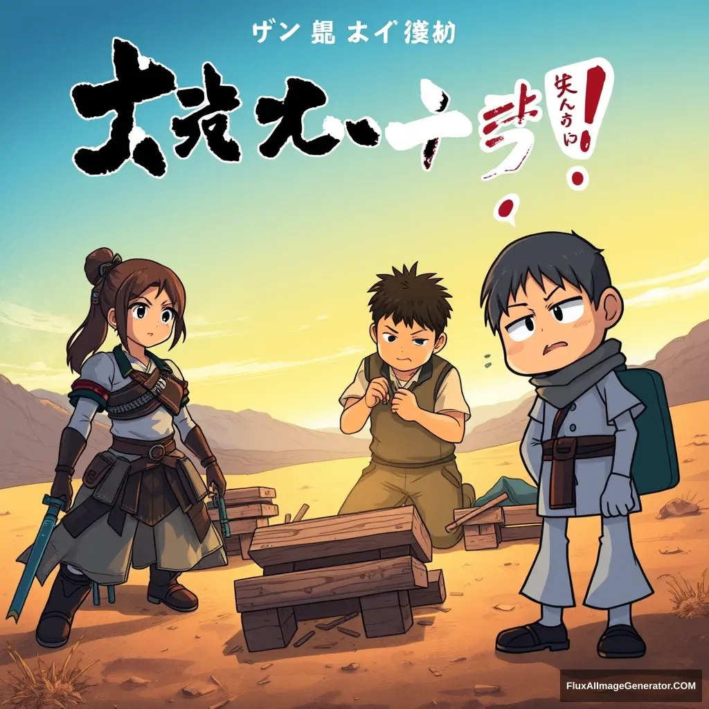 "A movie poster featuring a female warrior on the left, a carpenter making something in the center, and a Japanese cartoon character on the right looking at it disdainfully, all camping in the desert."